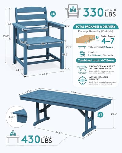 Image of SERWALL 9 Piece 84 inch HDPE Outdoor Dining Set for 8 with Armchairs and Umbrella Hole, Blue