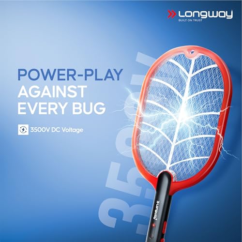 Image of Longway Swatt 2 in 1 UV Light Rechargeable Mosquito Killer Racket with Base Stand | 3500V DC Voltage on The Net Mesh | USB Type-C Charging | 1 Month Stand by 1200mah Long Lasting Battery (Black)