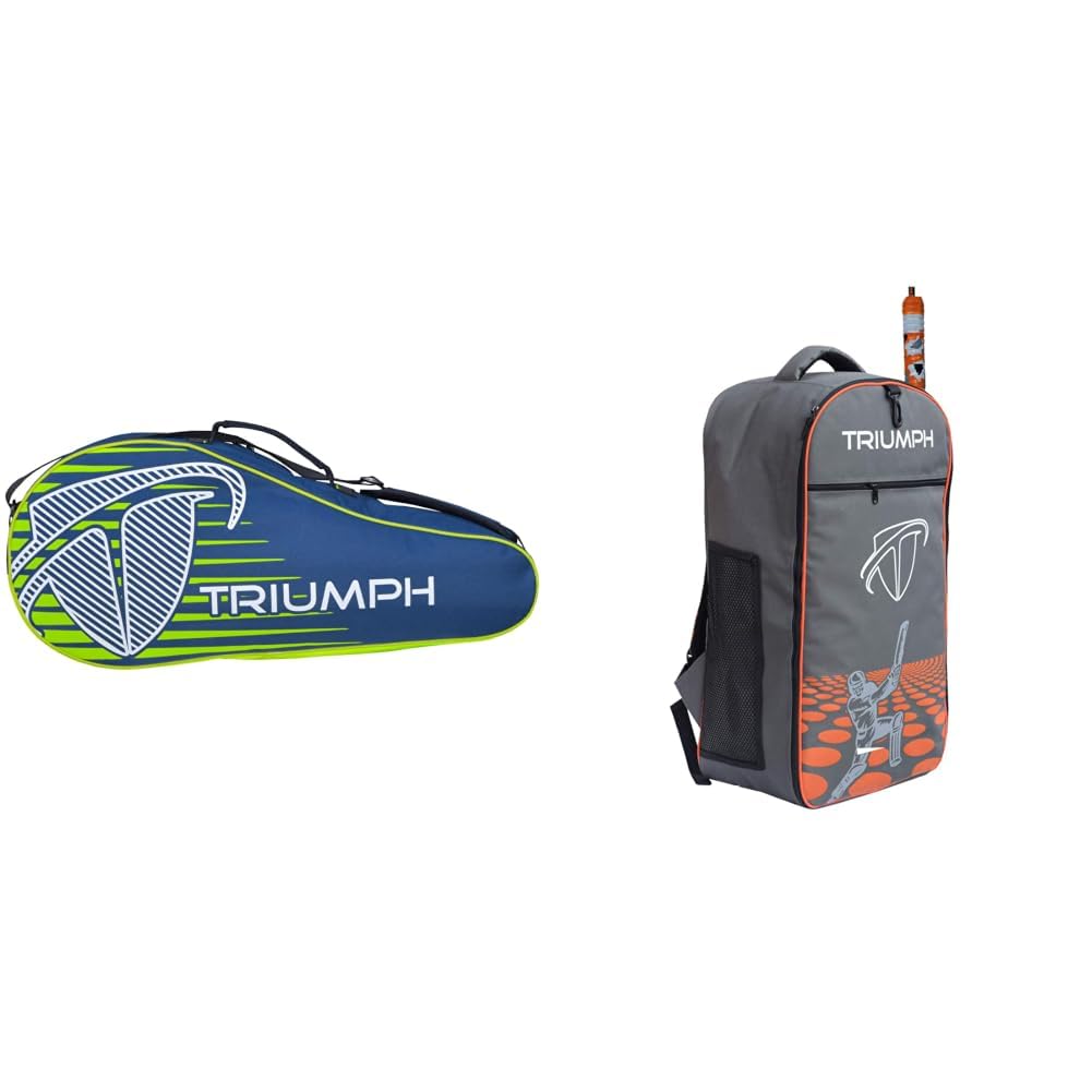Triumph Pro-302 (New) Single Compartment Badminton Bag Navy/Lime + KB-2020 Cricket Backpack Full Padded Grey/Orange Bag Size 27X8X14-image-14