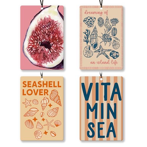Image of Trendy Retro Beach Seashell Car Air Freshener 4Pcs, Coastal Ocean Air Freshener for Car Interior Closet Drawer Books, Preppy Beach Seashell Fig Car Mirror Decor Hanging