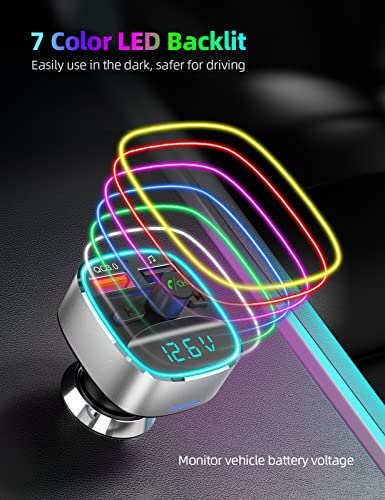 Nulaxy Bluetooth Fm Transmitter For Car,Bluetooth Car Adapter With Dual Usb Charging Car Charger Mp3 Player Support Tf Card & Usb Disk,Hands Free Calling,7 Colors Led Backlit Light-Silver #TOP4