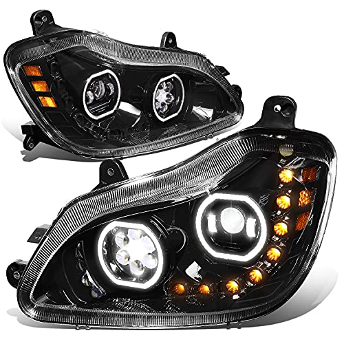 DNA MOTORING HL-HAY-010-BK Pair of Dual LED Halo Rings Sequential Turn Signal Projector Headlights High/Low Beam Compatible with 13-21 Kenworth T680 Black