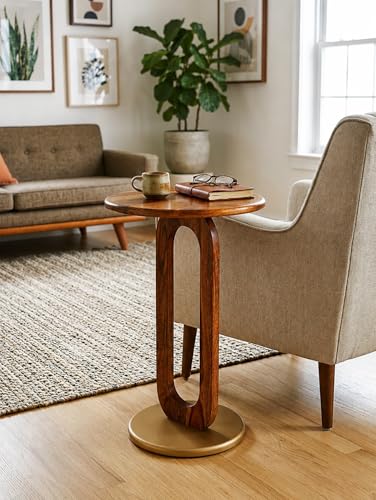 Image of REDWOOD Sheesham Wood End Table | Round Sofa Side Table for Living Room, Bedroom & Lounge | Modern Accent Furniture with Open Pedestal Base | Compact Space Saving Utility Stand | Brown & Golden