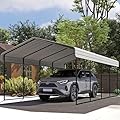 Real Relax 12x20ft Metal Carport, Heavy Duty Garage Outdoor Galvanized Car Shelter Canopy with Metal Frame for Car, Boats and Truck, Cream White