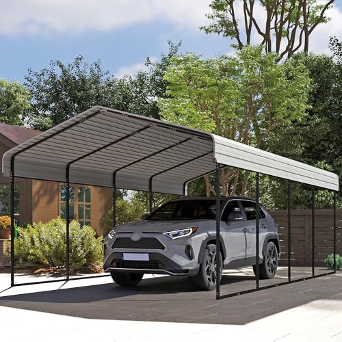 Image of Real Relax 12x20ft Metal Carport, Heavy Duty Garage Outdoor Galvanized Car Shelter Canopy with Metal Frame for Car, Boats and Truck, Cream White