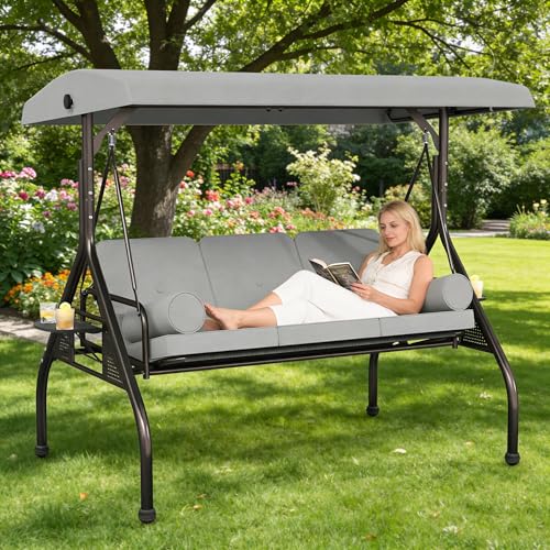 Image of SUNCROWN Outdoor 3 in 1 Porch Swing Chair, 3 Seat Patio Swing Glider with Adjustable Canopy, Heavy Duty Swings with Thickened Cushions, Pillows & Cup Holders for Backyard, Porch, Garden,Grey