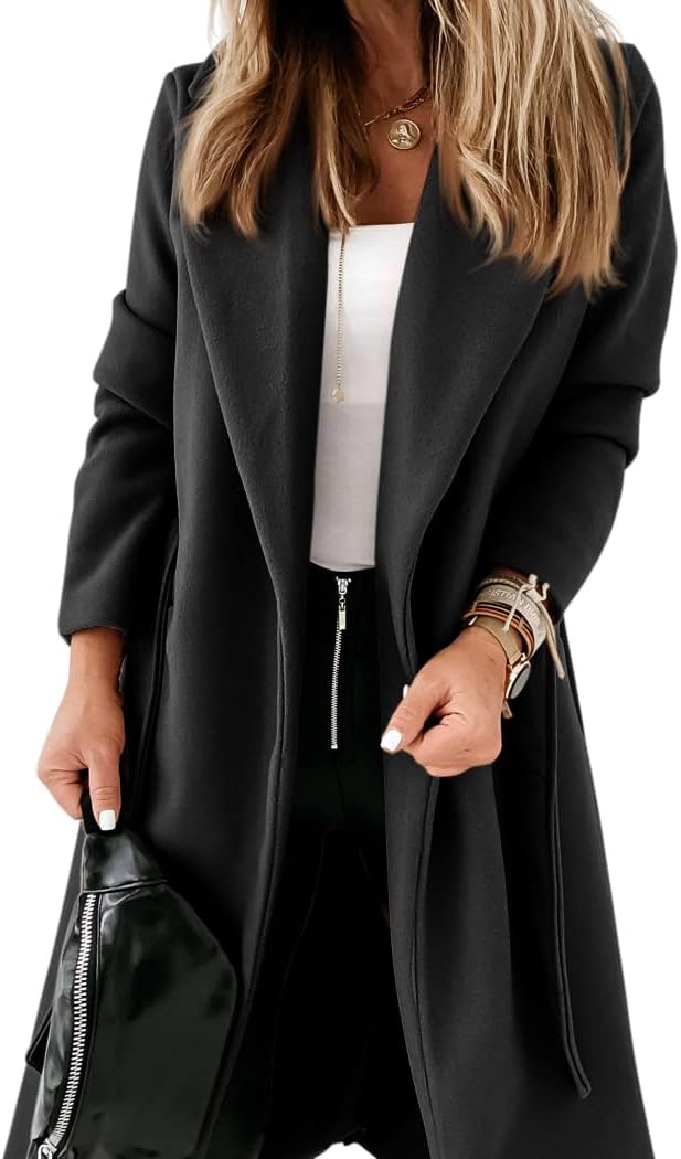 Womens Classic Coat Lapel Collar Open Front Belted Long Jacket