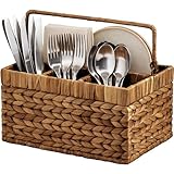 Best Choice Products Utensil Caddy w/Handle - 4 Compartments, Woven Wicker Utensil Silverware Flatware Organizer, Cutlery Basket Holder for Countertop, Party, Picnic, BBQ, Kitchen Storage - Chestnut