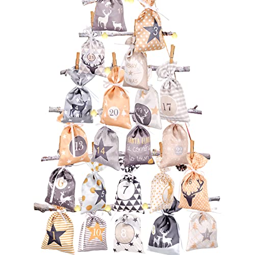 Adventskalender zum Befüllen Groß (12x21cm), 24 Stoffbeutel Kette zum...
