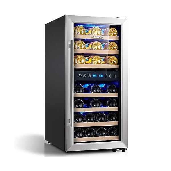 Phiestina Wine Cooler Refrigerator 16 inch Wine Refrigerator 33 Bottles Dual Zones Mini Wine Fridge Auto Defrost Temperature Memory Glass Door 7 Removable Shelves Quiet for Home Bar Office