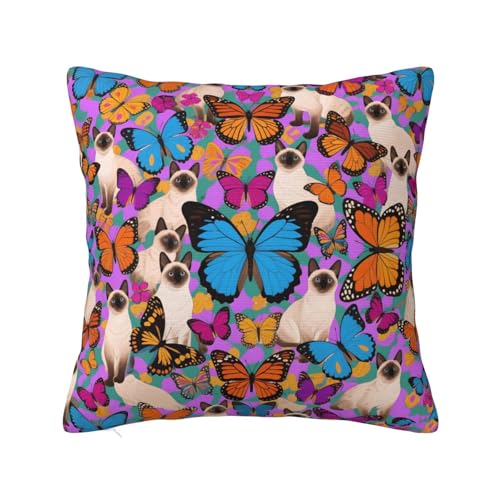 Image of asbwuo Cats Purple Butterflies Blue Decorative Throw Pillow Cover 18x18 Inch Farmhouse Pillowcase for Couch Square Cushion Case
