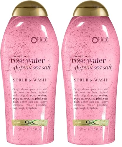 Image of OGX Sensitive + Rose Water & Pink Sea Salt Exfoliating Body Scrub + Rose Quartz, Gentle Exfoliating Daily Body Wash Softens Skin, Body Scrub for Women, Sulfate-Free Surfactants, 19.5 fl oz (Pack of 2)