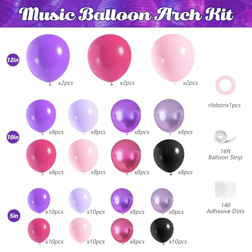 JOGAMS 175Pcs Dark Night Kpop Balloons Arch Kit, Black Metallic Pink Purple Disco Balloons with Iridescent Star Music Note Foil Balloons for K-Pop Music Disco Theme Birthday Concert-Style Stage by JOGAMS - Used condition - Image 2