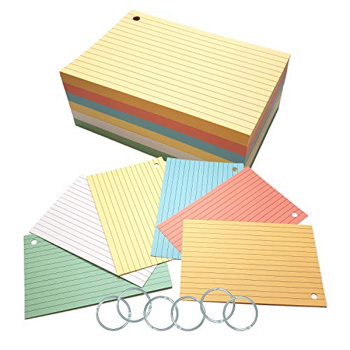 300 ruled index cards with rings (4″ x 6″) in 6 colors, with storage box. Ideal for students, teachers, note-taking, and language learning. Made in USA.