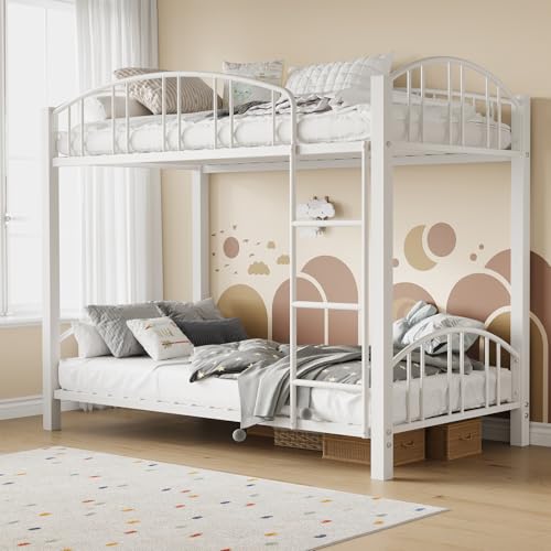 Bunk Bed Twin Over Twin with Stairs and Arched Guardrail, Sturdy Metal Slats Support, Space Saving, Noise Free, No Box Spring Needed, Ideal for Kid Room and Dorm, White
