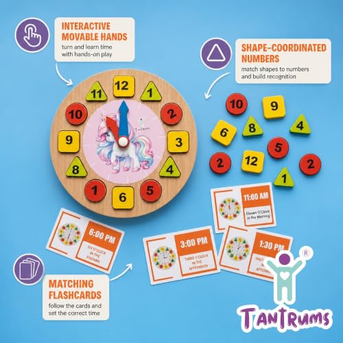 Image of Unicorn Learning Clock with Time Flash Cards | Child Safe Paint and Imported Wood