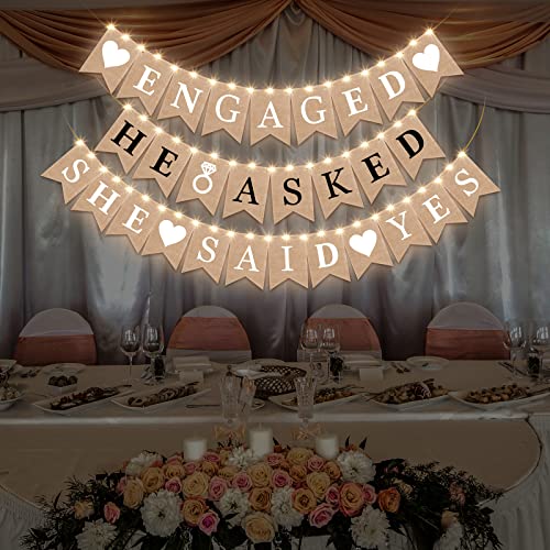 Breling 6 Pcs Engagement Party Decorations Engaged Banner and LED String Light Set He Asked She Said Yes Banner Rustic Burlap Bunting Garland Proposal Decorations for Outdoor Wedding Bridal Shower
