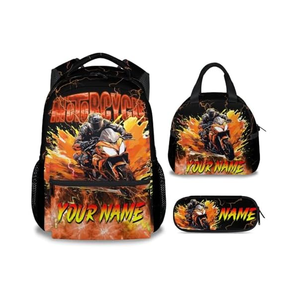 Boys Backpack Set, Personalized Kids Backpack with Lunch Box, Motorcycle Bookbag for School, 17 Inch Custom Car Bookbag, Durable School Supplies