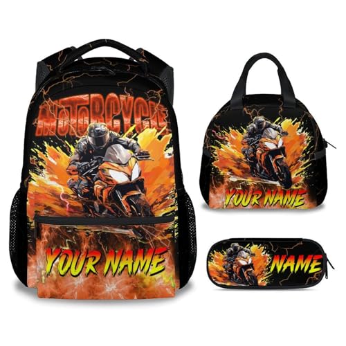 Boys Backpack Set, Personalized Kids Backpack with Lunch Box, Motorcycle Bookbag for School, 17 Inch Custom Car Bookbag, Durable School Supplies