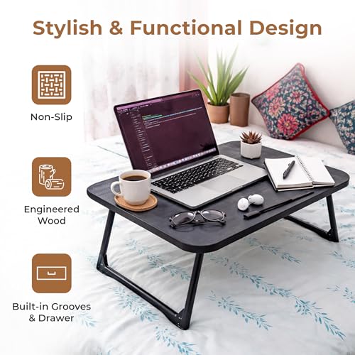 Image of HomeEssentials Multipurpose Mobile Laptop Desk: Height Adjustable Computer Table with Lockable Wheels - Portable Workstation for Bed, Sofa, and Home Office (Black)