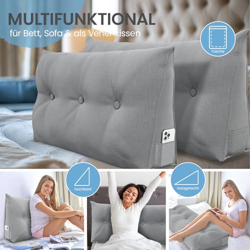 ELONEO Rückenkissen 140 cm breit, Keilkissen für Bett und Sofa geeignet, dreieckiges Lesekissen, Kissen mit abnehmbarem und waschbarem Bezug, mit praktischem Seitenfach