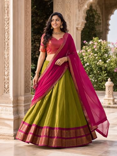 Image of RENVAANI Women's Traditional Kanjivaram Kanchipuram Silk Zari Weaving Unstitched Lehenga Choli with Dupatta
