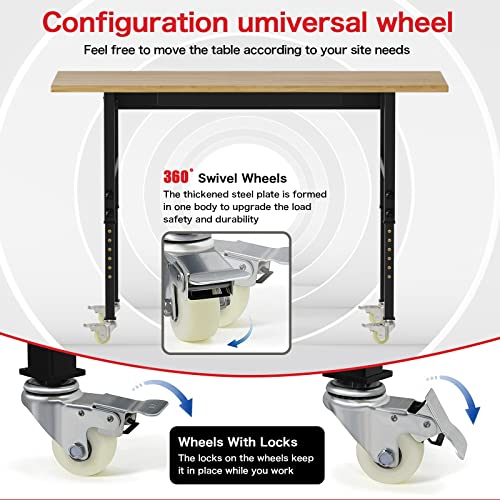 60" Adjustable Workbench,Rubber Wood Top Heavy-Duty Workbenc With Power Outlet,Drawers And Wheels,2500 Lbs Load Capacity Hardwood Worktable, For Garage, Workshop, Home #TOP3