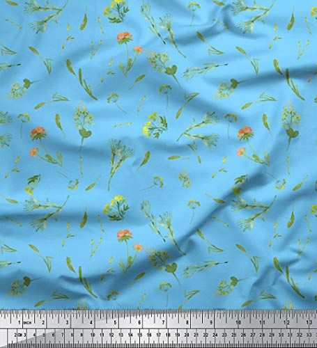 Soimoi Bleu Canard de Coton en Tissu Moutarde Jaune Feuilles Tissu Imprime 1 Metre 44 Pouce Large