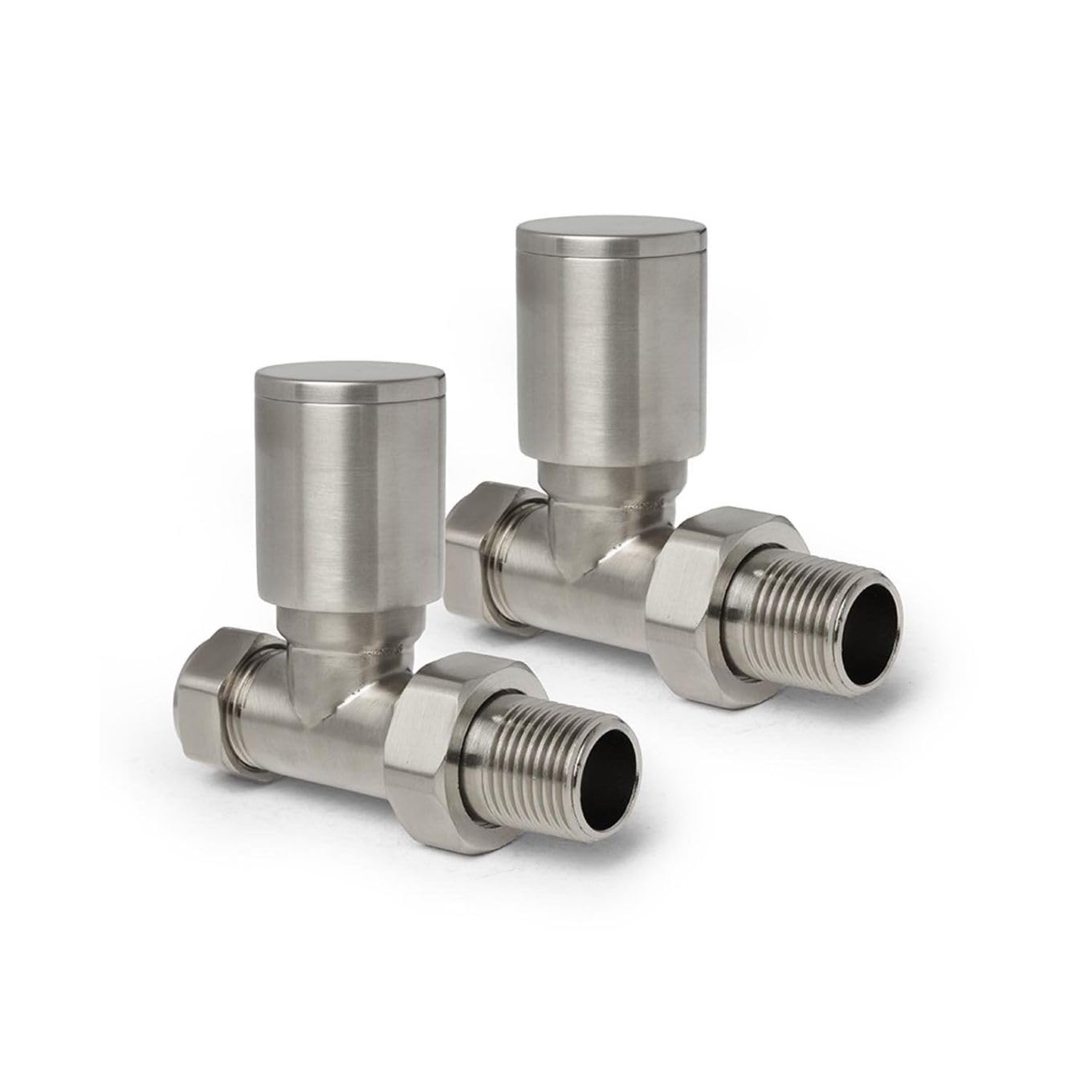 Brushed Nickel Straight Radiator Valves Round Modern Radiator Valves Pair of 15mm x 1/2" Set of 2 for Heated Towel Rails & Central Heating Radiators Brushed Nickel Radiator Valve Set — image 1