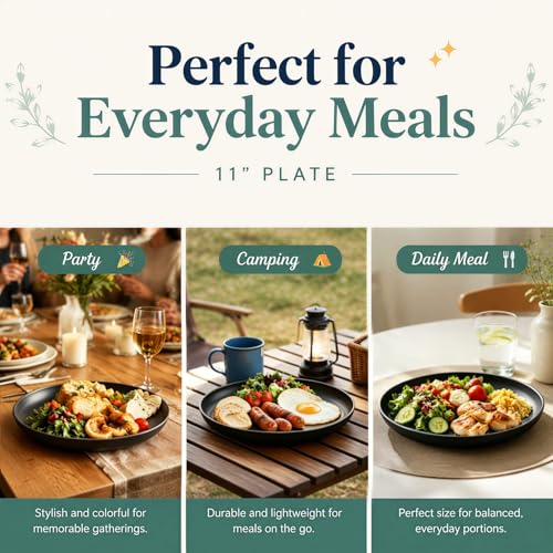 Image of 11In Large Wheat Straw Plates of 6, Plastic Plates Reusable, Black | Lightweight & Unbreakable Microwave & Dishwasher Safe Plates for Kitchen, Picnic, Party
