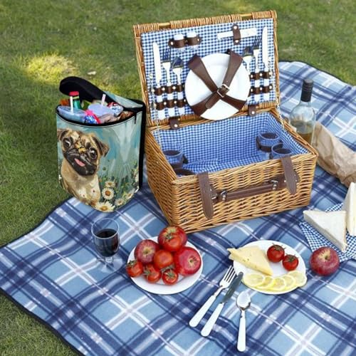 Image of Talayituse Pug Dog Daisy Butterfly Print Car Trash Can with Adjustable Straps, Foldable Car Trash Bag Bin Car Garbage Bag Multipurpose Storage Box for Vehicle Travel Camping Picnicing
