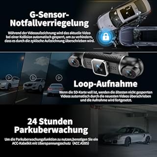 360° Dashcam Voiture Avant Arriere 4k + 1080p-4 Canaux Dash Cam avec Carte SD 64g, Écran IPS 3", Grand Angle 4 X 140°,Vision Nocturne,WDR, G-Capteur,Enregistrement en Boucle,App,24h Mode Parking