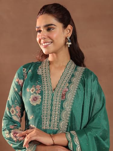Image of Libas Womens Printed Silk Blend Straight Kurta With Palazzos and Dupatta | daily wear suit