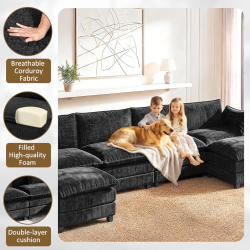 Image of LEVELEVE 146 inch U-Shape Modular Sofa with 2 Ottomans, Deep Seat Cloud Convertible Sleeper, 2 Arm Pillows, Comfortable Large Upholstered Furniture for Living Room Apartment, Black