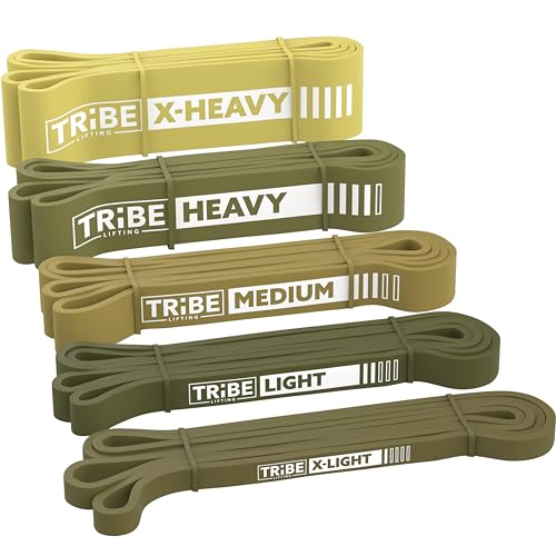 Tribe Lifting Resistance Bands for Working Out Men and Women – Set of 5 Pull Up Bands for Strength Training, Exercise Bands with Handles, Door Anchor and Bar Options for Home Gym