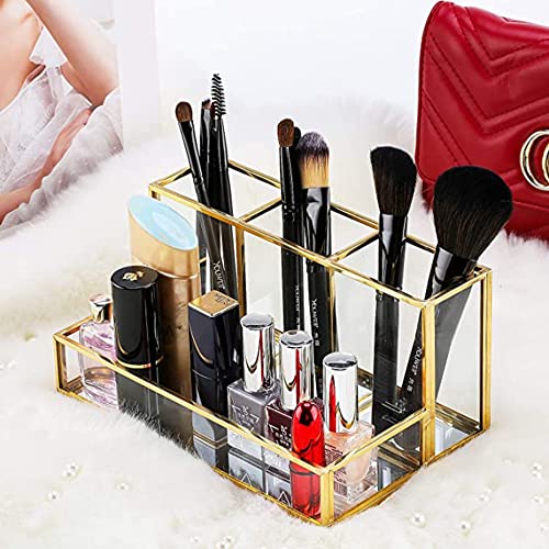 Image of Gold Glass Makeup Organizer with Mirror Base - Cosmetic Storage Holder for Lipstick, Nail Polish, Brushes - Vanity Organizer for Dressing Table - 20 x 12 x 10 cm