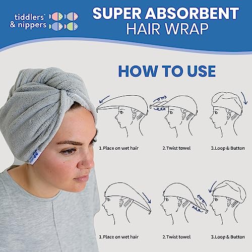 tiddlers & nippers Super Absorbent Hair Wrap Twist Towels, (Set of 3, Purple, Grey & Blue) - Image 4
