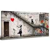 Banksy Canvas Wall Art Colorful Flower Graffiti Wall Decor Little Girl with Red Balloon Picture for Bedroom Street Pop Art Prints Abstract Poster Modern Artwork Living Room Office Decorations 20x40”