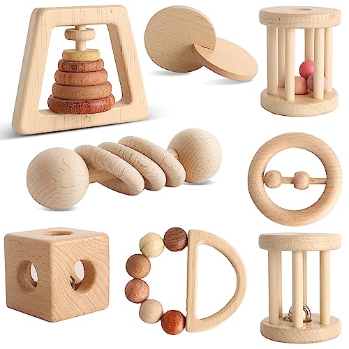 Wooden Baby Toy 8pcs, Montessori Toys for Babies 1-3 Years Old, Wooden Rattles Toy Set for Infant...