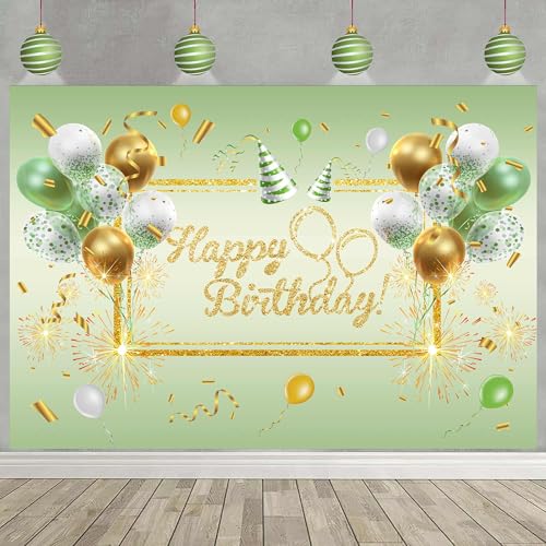 Image of Green Happy Birthday Banner Birthday Backdrop for Girls Women 71 x 43 Inch Greenery Gold Party Photograph Backdrop Decoration Supplies