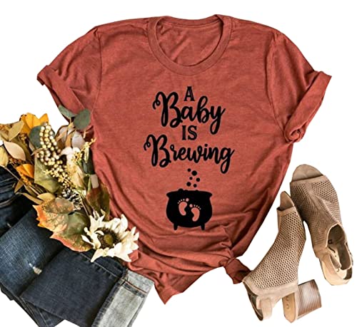 A Baby is Brewing Shirt Women Halloween Pregnancy Announcement T-Shirt Fall Baby Announcement Shirt Tee Tops