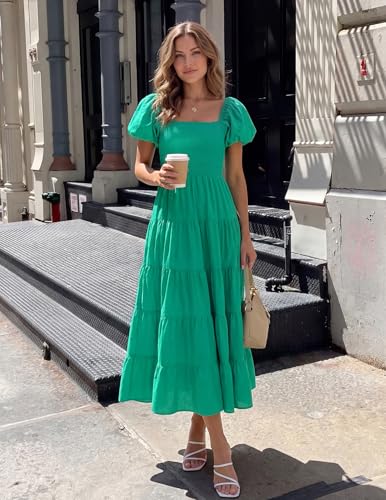 Image of ZESICA Women's 2026 Summer Puff Sleeve Midi Dress 2026 Boho Solid High Waist Flowy Beach Wedding Guest Long Dresses
