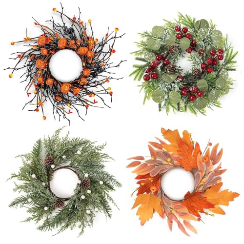 Image of 4 PCS Fall Halloween Christmas Wreath Candle Rings Wreaths Mini Wreath Holder Table Centerpiece Cabinets Wreaths for Thanksgiving Farmhouse Autumn Party Home Window Chair Wall Indoor Decorations