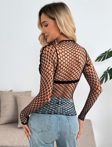 Image of Avidlove Women's Sexy Fishnet Mesh Long Sleeve Tops Mock Neck Sheer Lace See-Through Blouse Bodycon Clubwear Party Tops