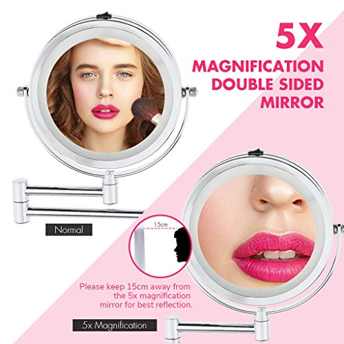Sharplace Round Double-Sided Swivel Wall Mount Vanity Mirror LED Lighted with 5x Magnification Extension Pole for Counter Home Bathroom Shaving Makeup