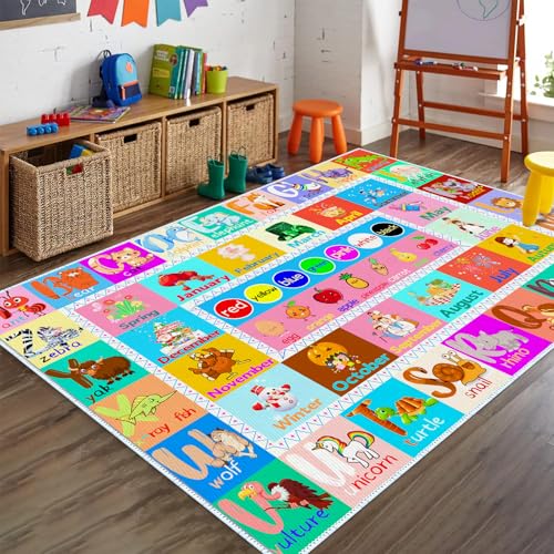 DoRlPIeY Kids Alphabet Game Rug - ABC Educational Area Rugs - 4x6 Alphabet Months Fruits Colors Seasons and Animal Fun Studay Game Non Slip Mat for Kids Bedroom Kindergarten Nursery