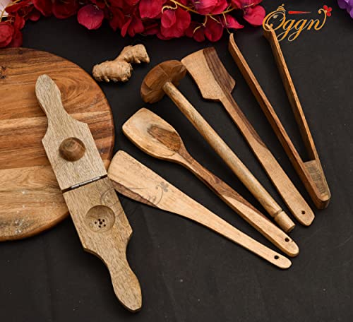 Image of Sanjeev Kapoor by OGGN Mix Wood Serving & Cooking Spoon Set of 6, Handmade Wooden Spatula Set for Cooking, Non Stick Kitchen Tools, Turner, Ladle, Pasta & Frying Spoon, Natural Cookware