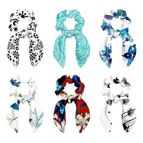 Chouchous avec nœud papillon fleur bleue pour queue de cheval femme et fille | Lot de 6