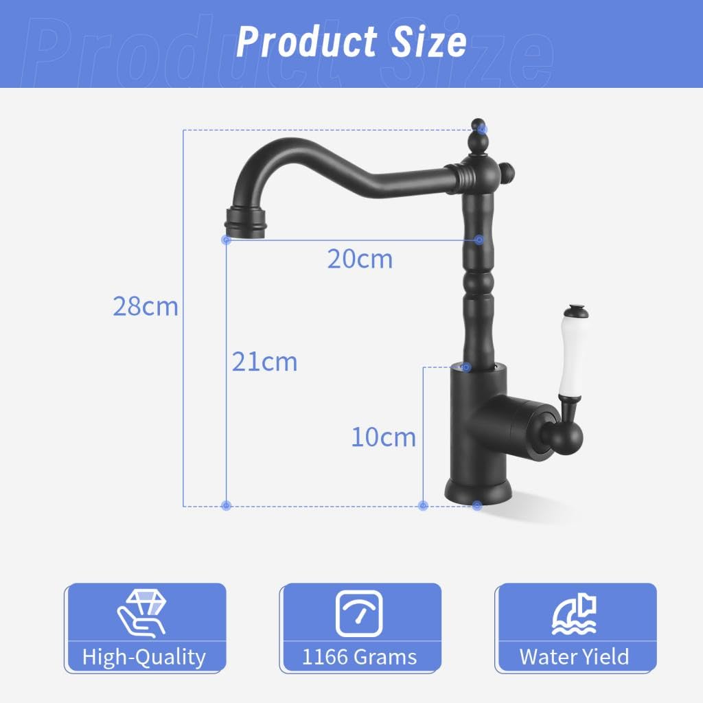 Wasserhahn Küche Schwarz Retro,Hoch Küchenarmatur 360° Drehbarer,Waschtischarmatur Antik aus Messing,Einhebelmischer Badezimmer Waschbecken