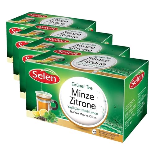 Selen Green Tea Mint-Lemon, 20 Individually Wrapped Tea Bags 36 g (Paquete de 4)
